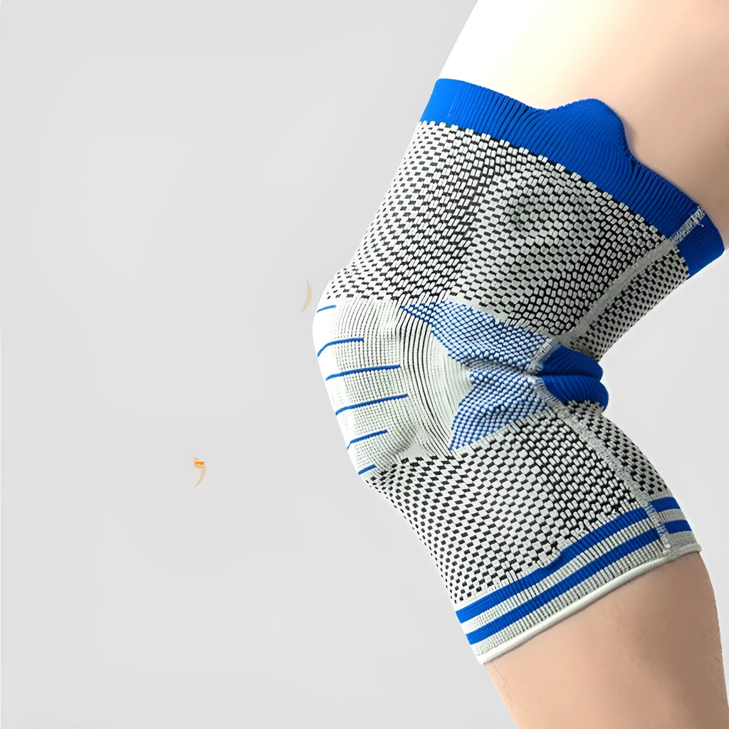 Cotton knee pad with silicone massage spring bar shock absorber in a black and blue colour combination.