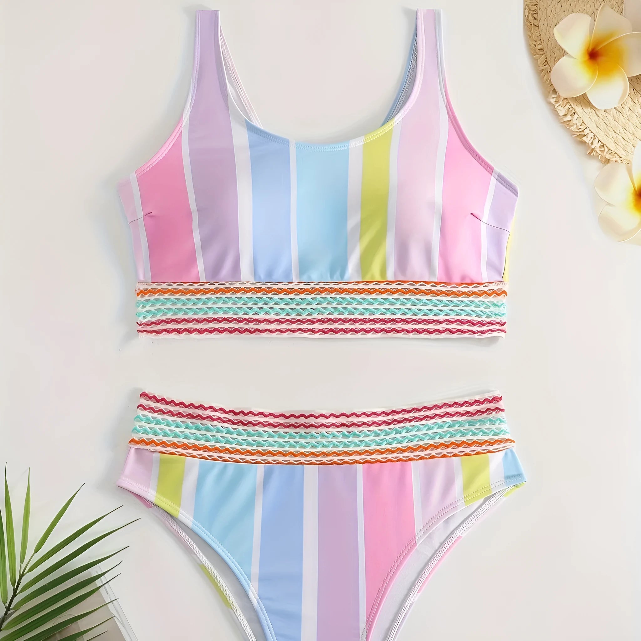 Women's striped sports bikini swimwear set in briefs style