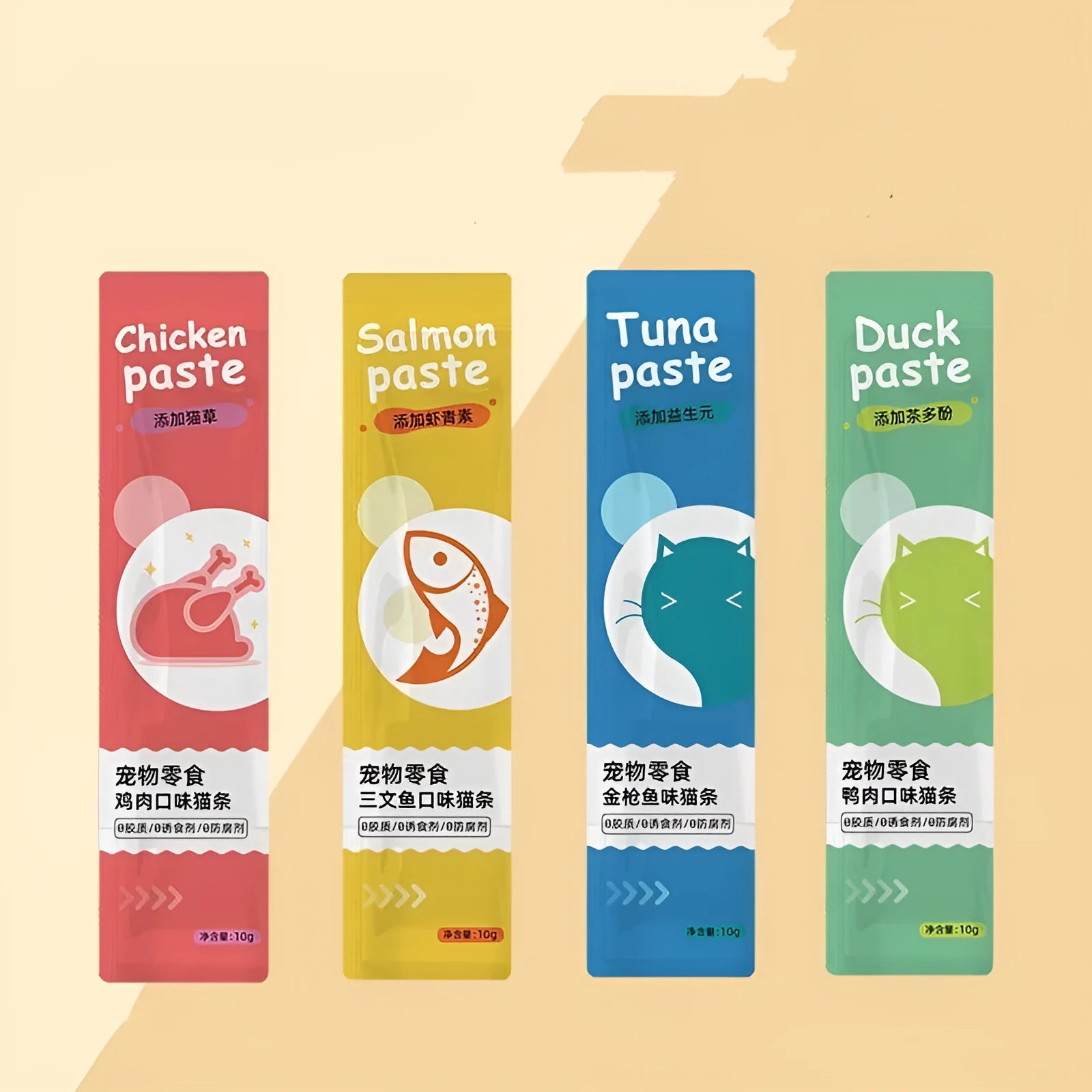 Pack of 10 low-fat cat snack strips in four flavour varieties for kittens.