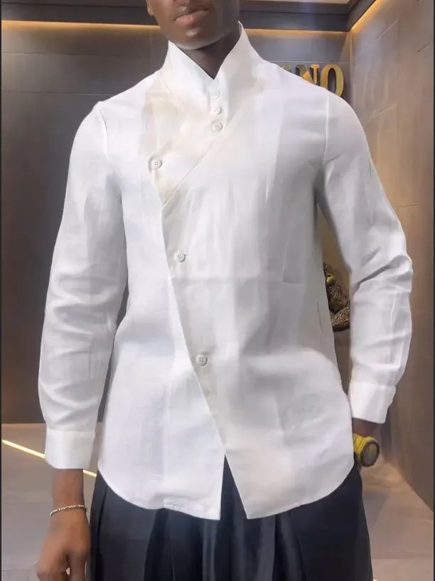 White asymmetric front long sleeve shirt and black pleated trousers co-ordinates set on a hanger