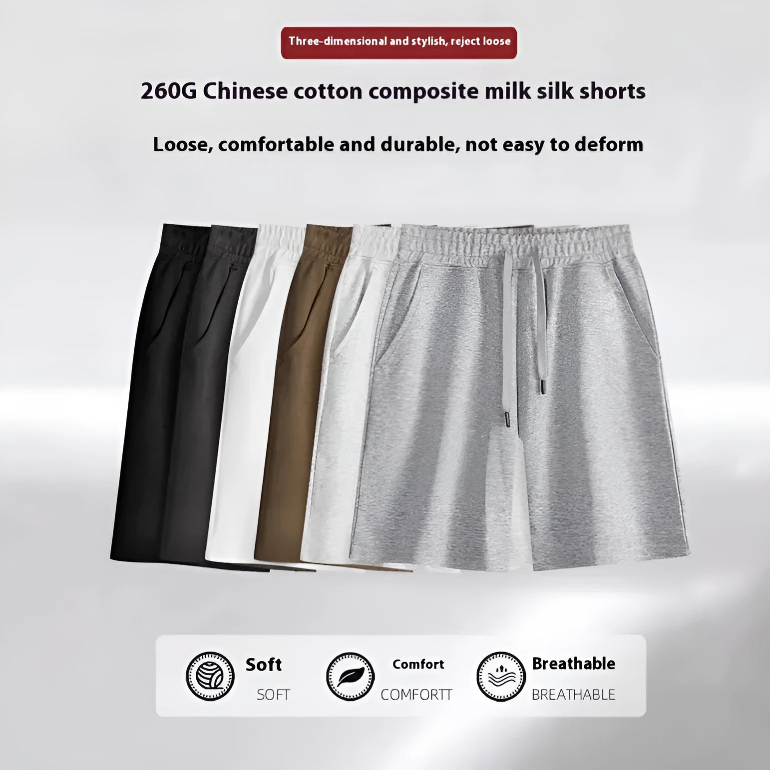 Cotton straight leg sports shorts in light grey colour showing micro-elastic fabric and fifth pants length