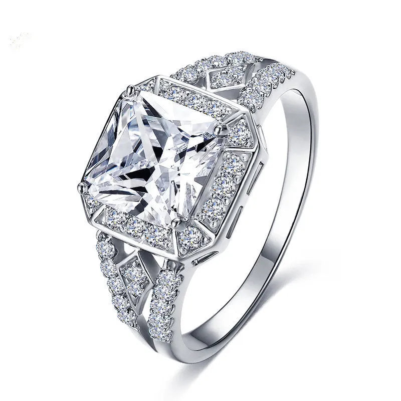 Geometric hollow zircon ring in platinum colour showing quadrilateral pattern design
