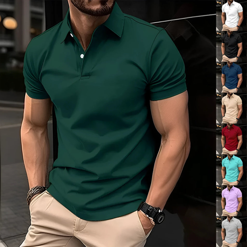 Men's solid colour short sleeve polo shirt with button lapel front in cotton mixed fabric