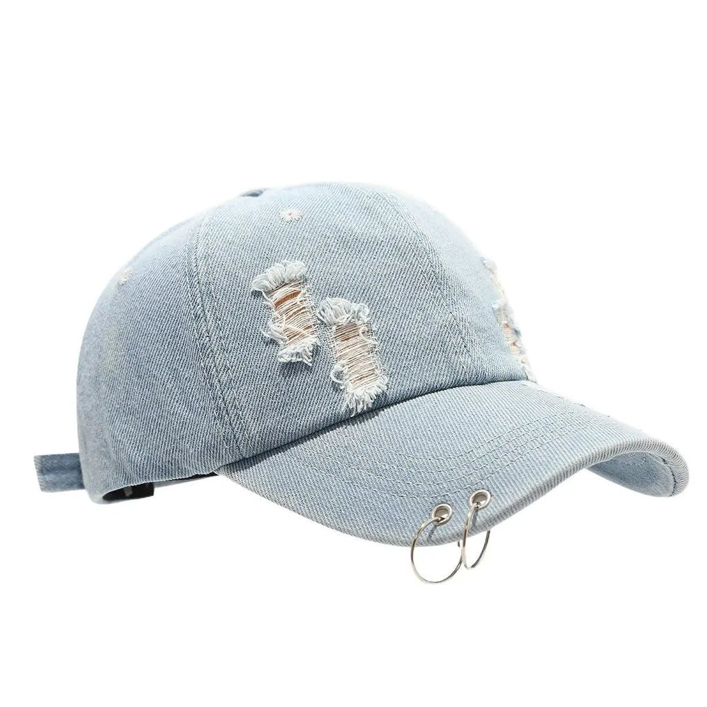 Men's denim peaked cap with dome crown in black, white, and light blue jeans colours showing adjustable strap