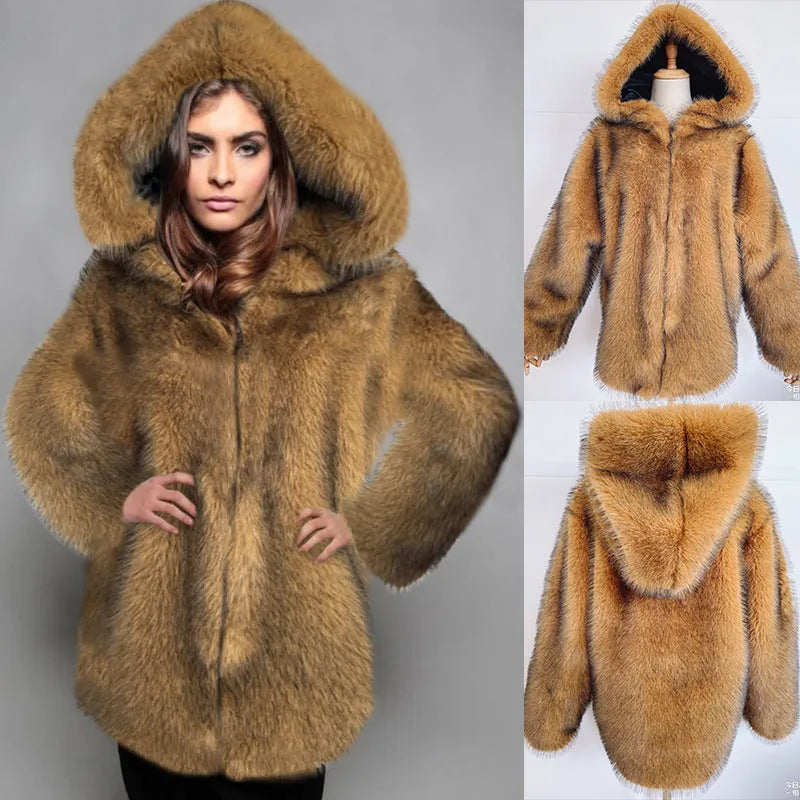 Loose mid-length silver gray artificial fur coat with regular sleeves for women
