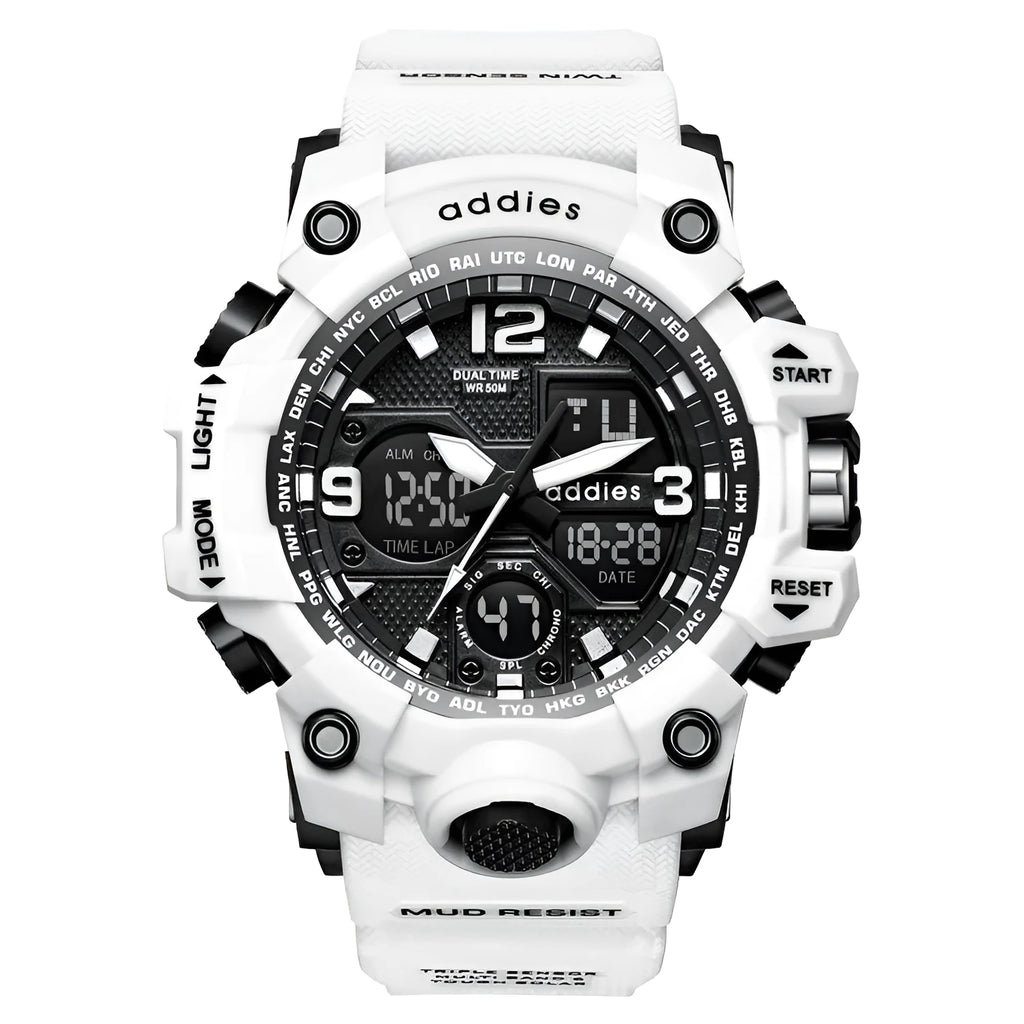 Men's black electronic sports watch showing analogue hands and a digital display on a plastic strap