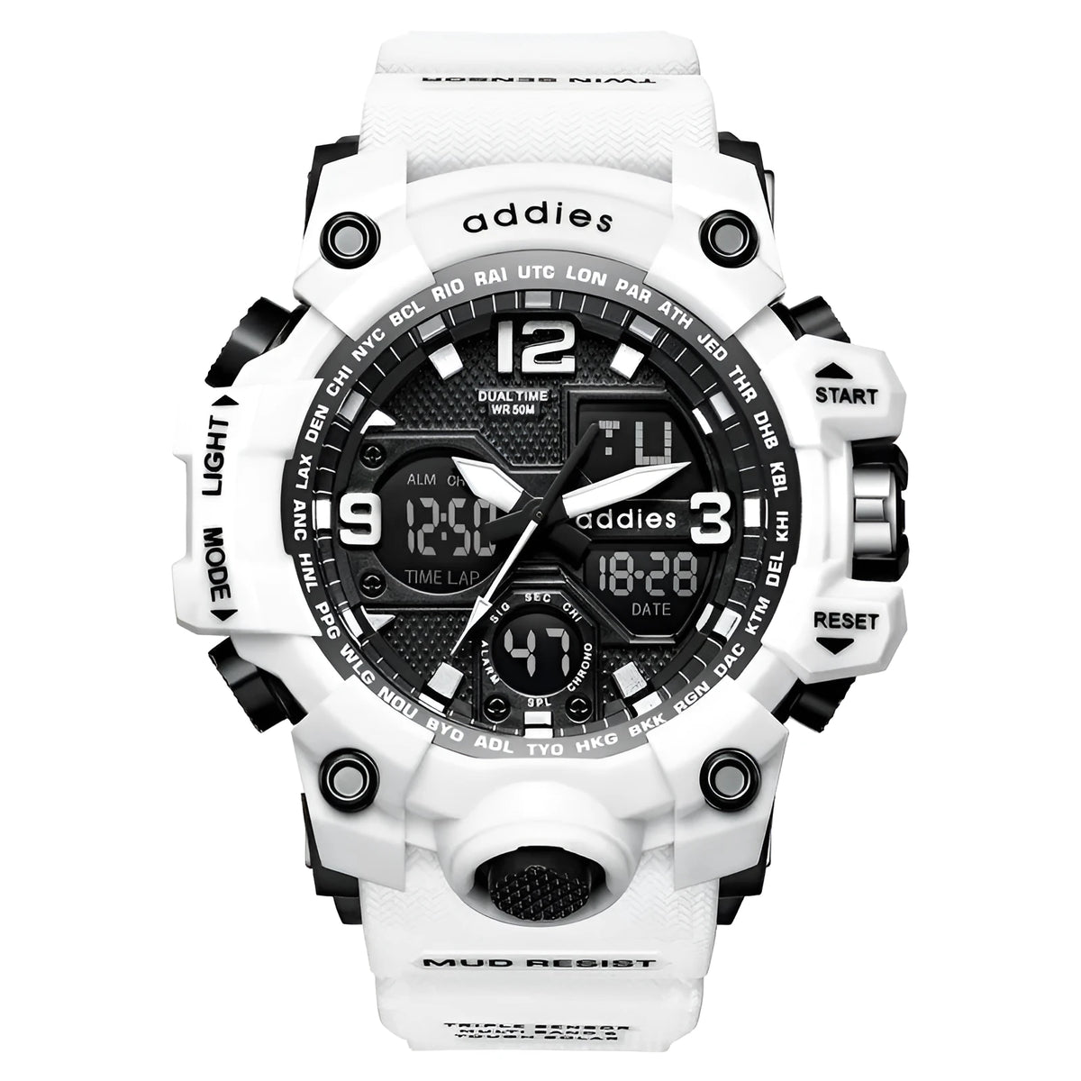 Men's black electronic sports watch showing analogue hands and a digital display on a plastic strap