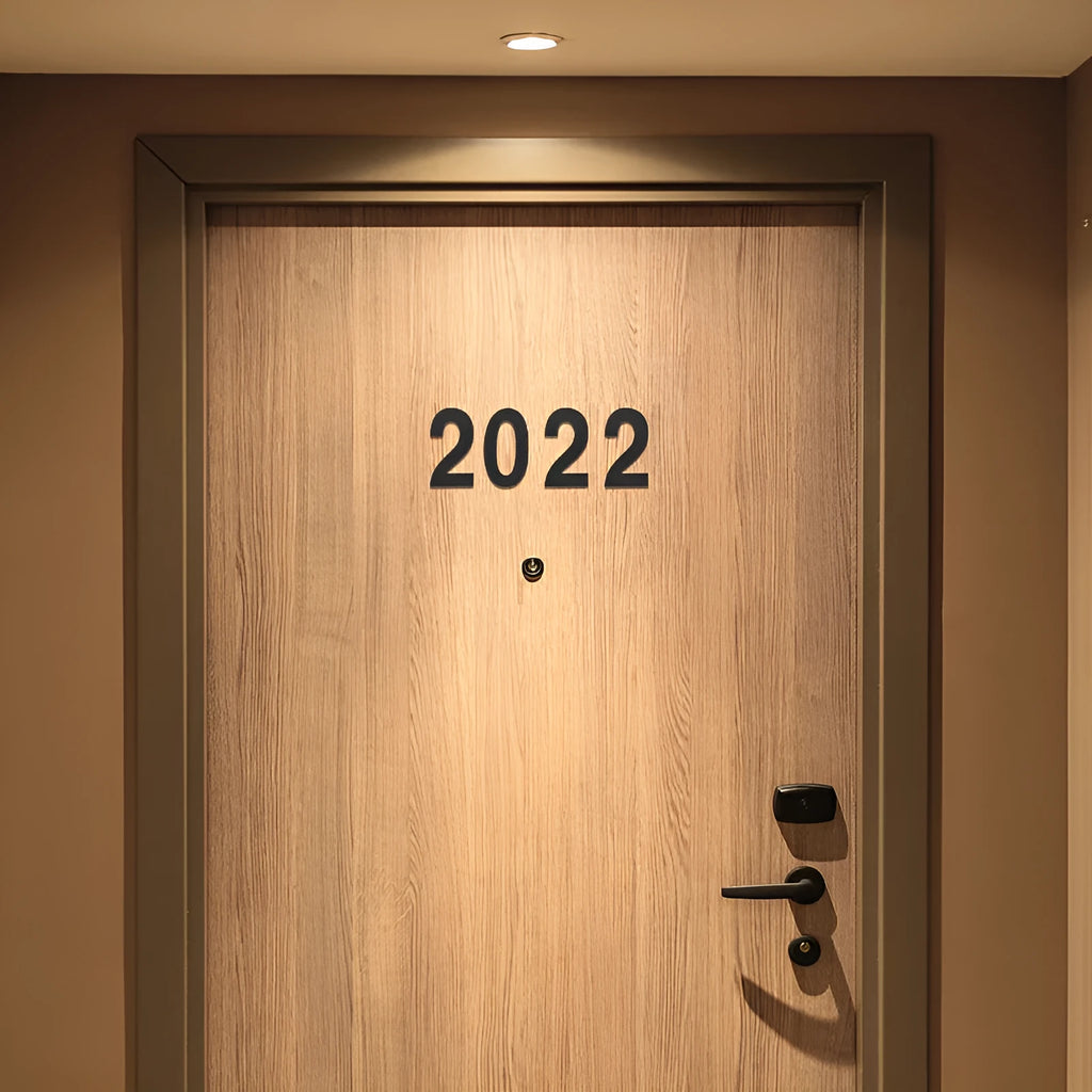 Black stainless steel self-adhesive house number characters showing letters A-F and numbers 0-9, 7.5cm tall.