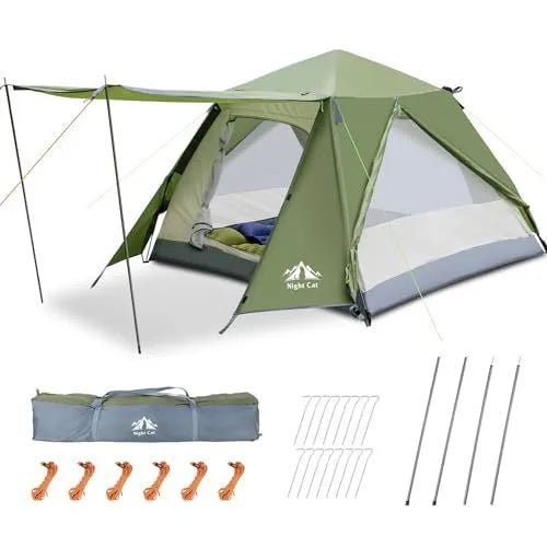 Dark green automatic two-person camping tent with waterproof rainfly set up in outdoor environment