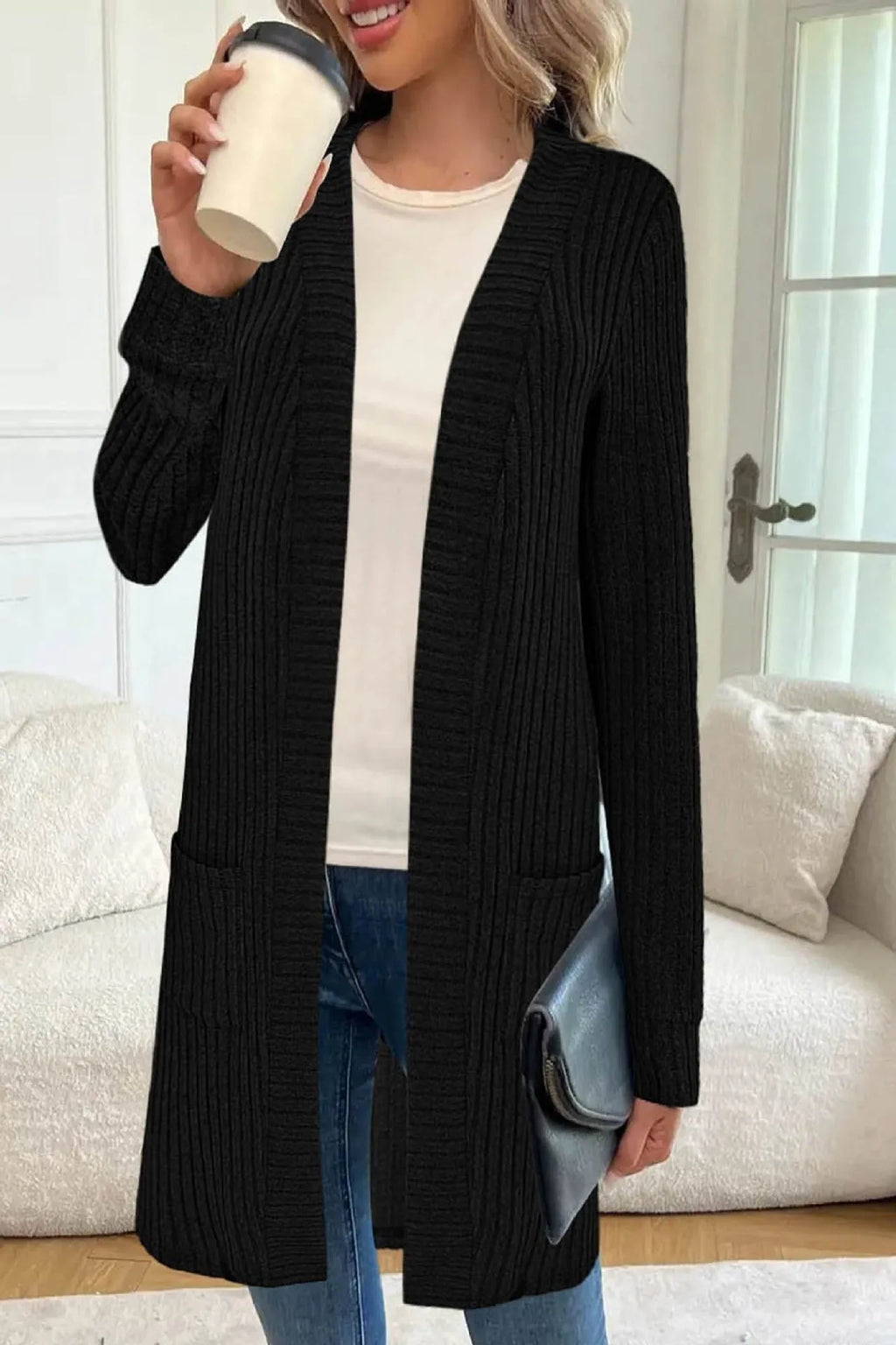 Loose knitted cardigan jacket in black wine red or gray with long sleeves and pockets