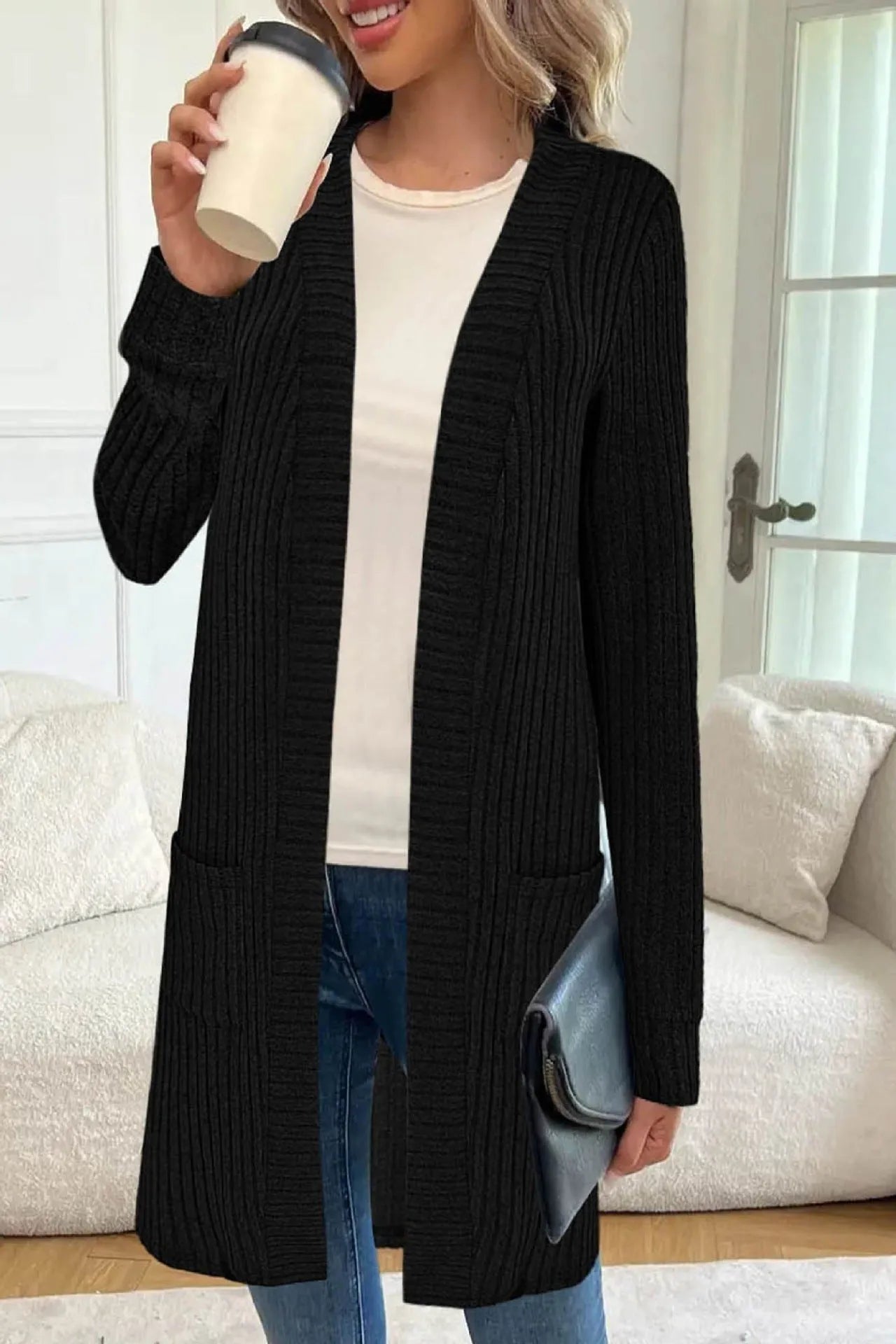 Loose knitted cardigan jacket in black wine red or gray with long sleeves and pockets