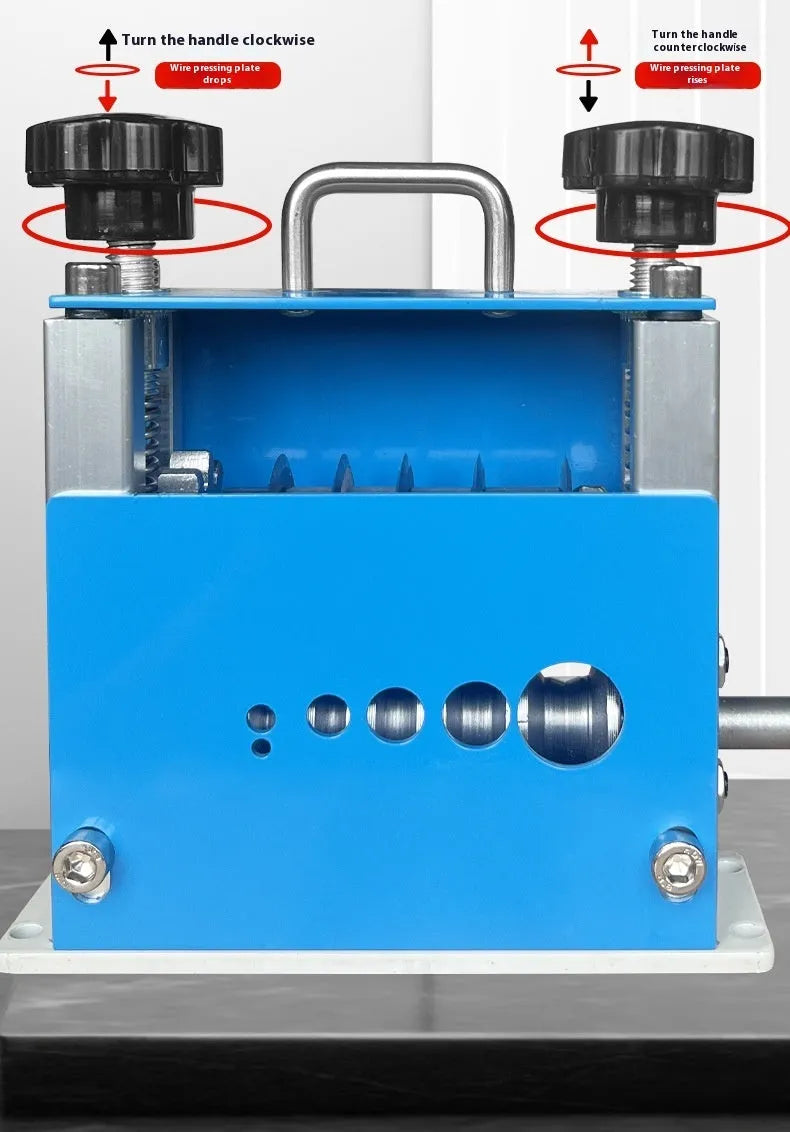 SD-017 manual wire stripping machine with adjustable diameter range on a workbench.