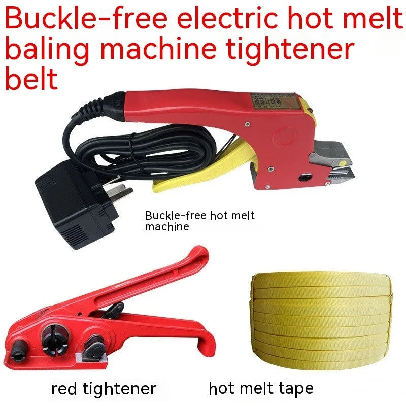 Electric hot melt packing machine suit with plastic steel tensioner and yellow packaging tape for box strapping