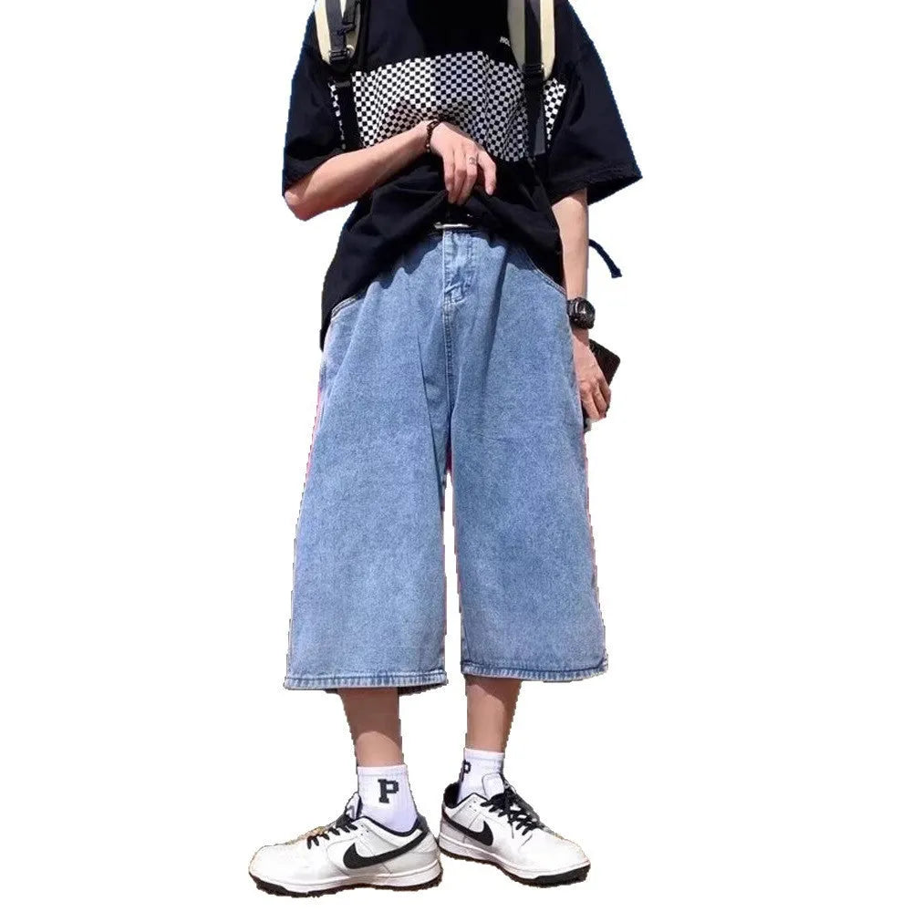 Men's blue washed denim pirate shorts with high waist and cropped straight leg
