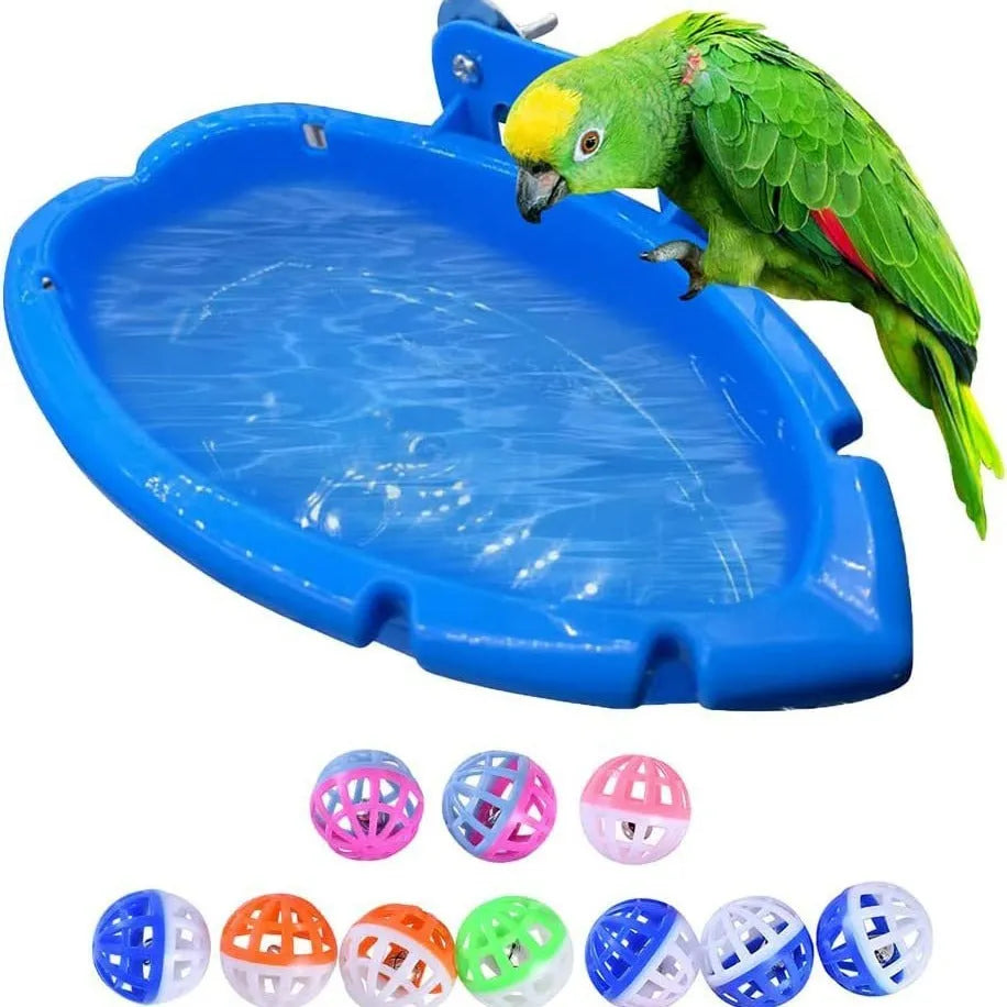 Multifunctional plastic bird bath and feeder box for birds, shown with optional rattan balls or plastic balls.