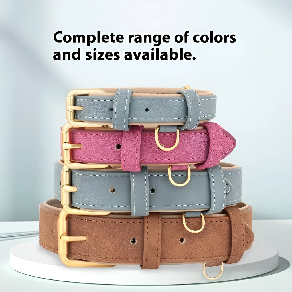 Double-layer leather mohair dog collar and matching traction rope in rose red, shown with size tags S, M, L, XL.