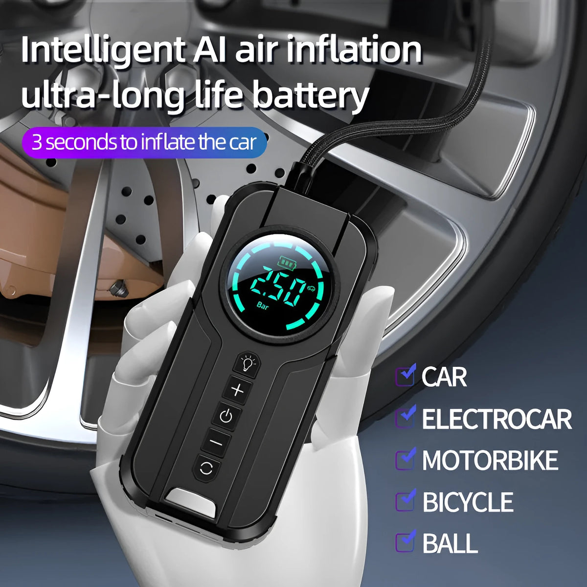 Universal 6000mAh wireless vehicle air pump with 3m cord and accessories in ABS casing