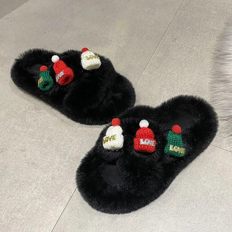 Women's black Christmas hat design faux plush slippers with a rubber sole