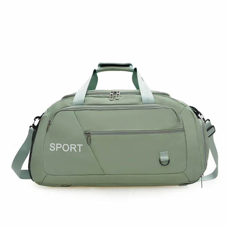Large capacity nylon gym bag with dry wet separation, available in black, green, pink, blue, and gray for women