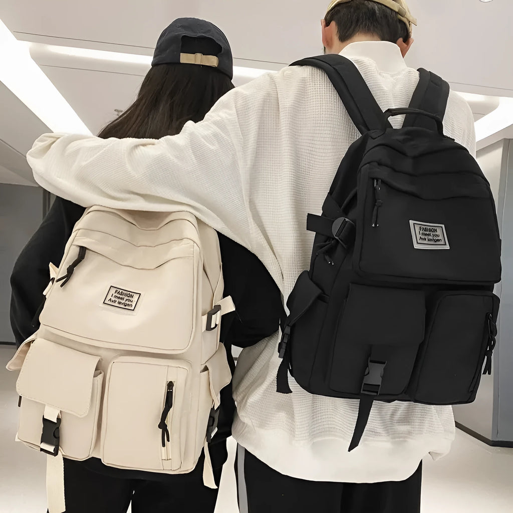 Student backpack with three-dimensional pockets and computer compartment in black colour
