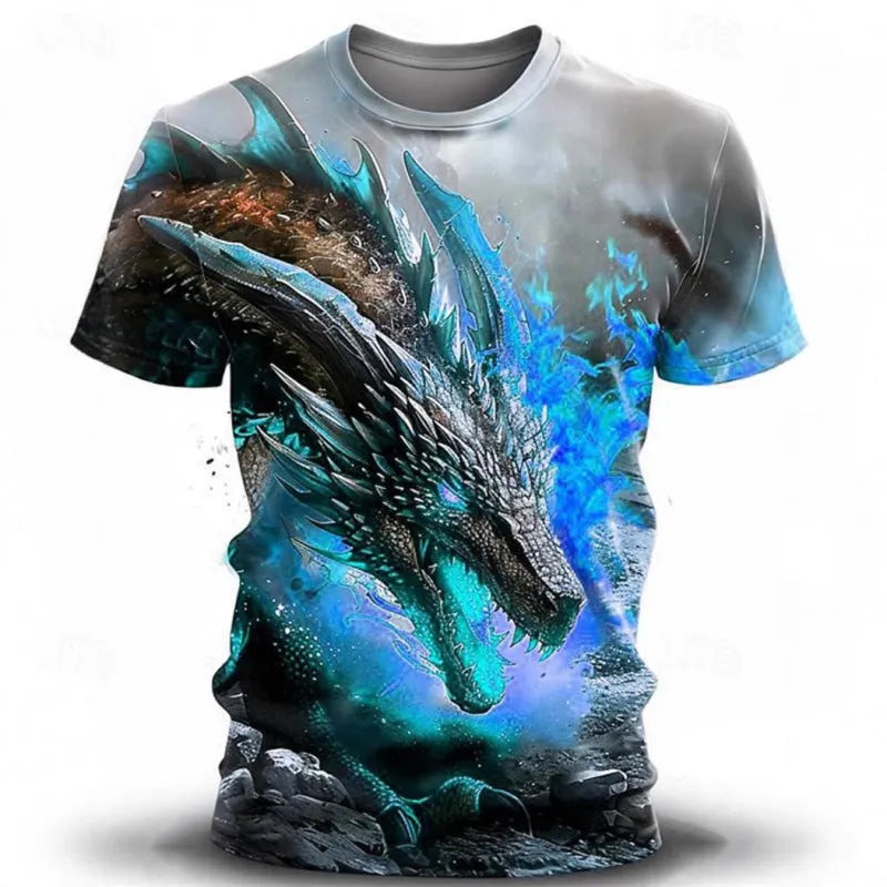 Men's grey T-shirt with a large, detailed 3D wind dragon graphic print on the front.