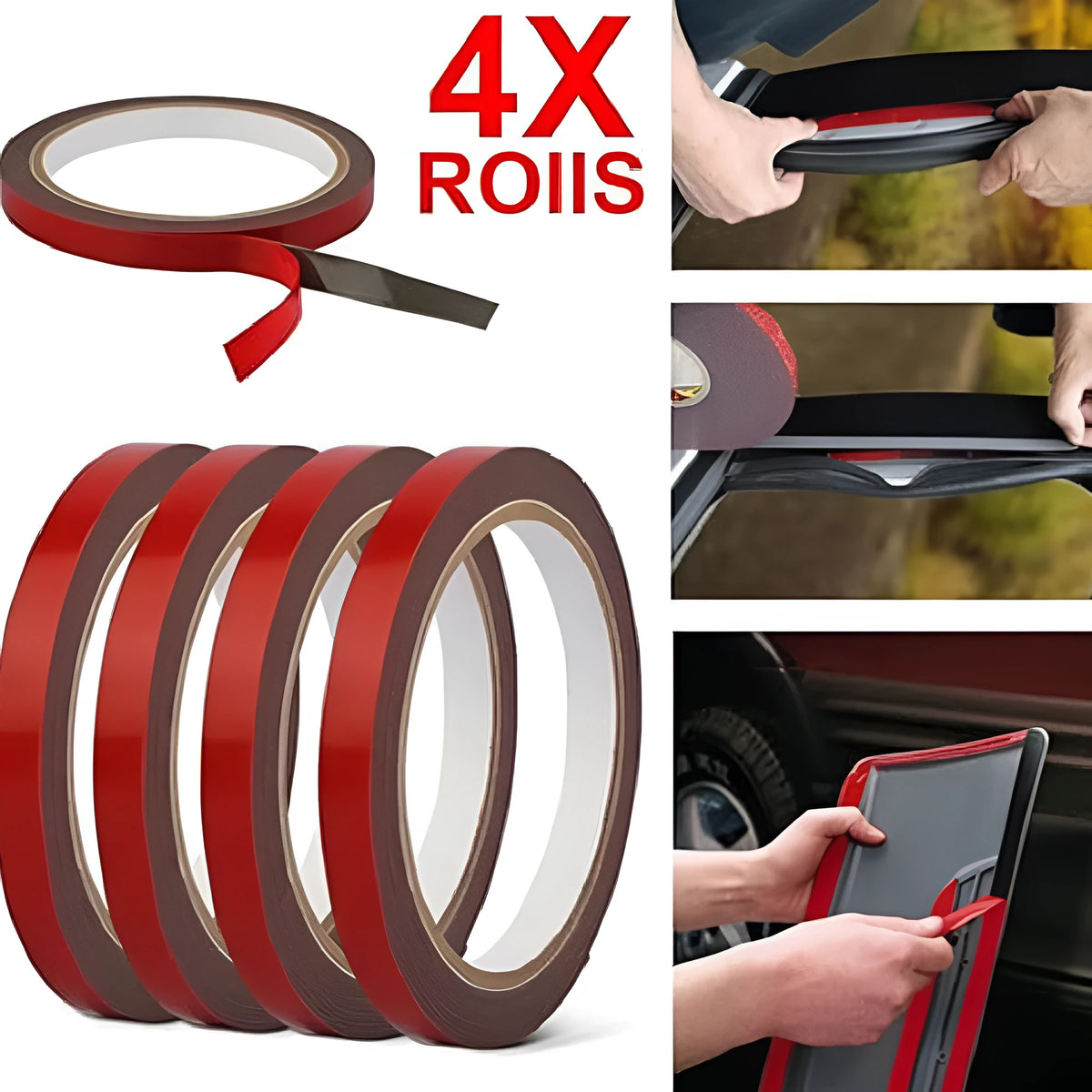 Four rolls of 10mm red double car spread black gelatin sponge tape, 3m each, PE substrate oil adhesive.