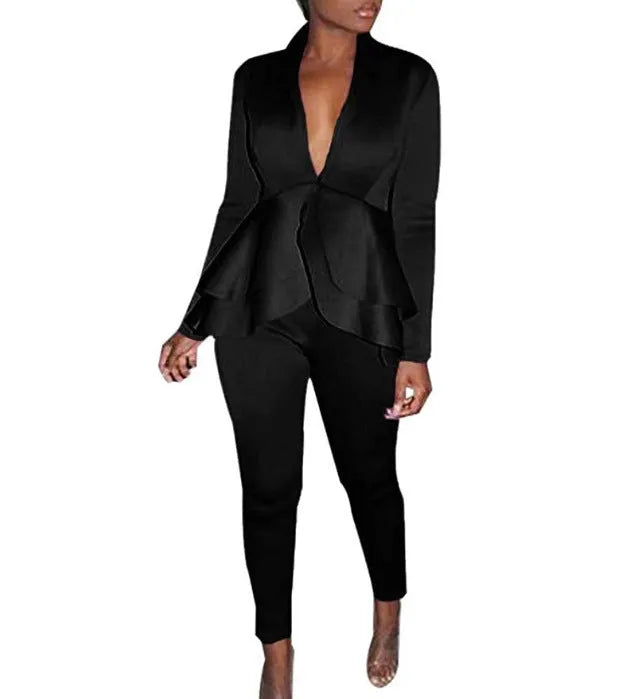 Business uniform two-piece set showing ruffled top with matching pencil pants in polyester fabric