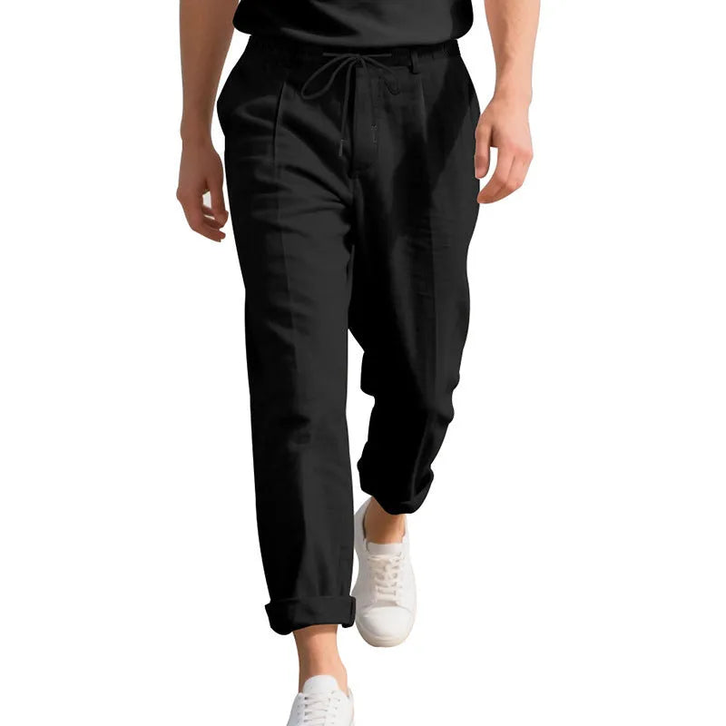 Men's straight-leg linen casual trousers in light khaki colour with a drawstring waist.