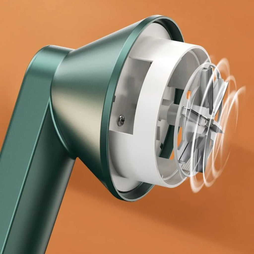USB rechargeable electric lint remover in white or green with six-leaf stainless steel blade and lint collector container