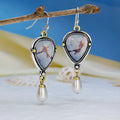 Retro blue geometric drop earrings with synthetic opal and pearl on metal.