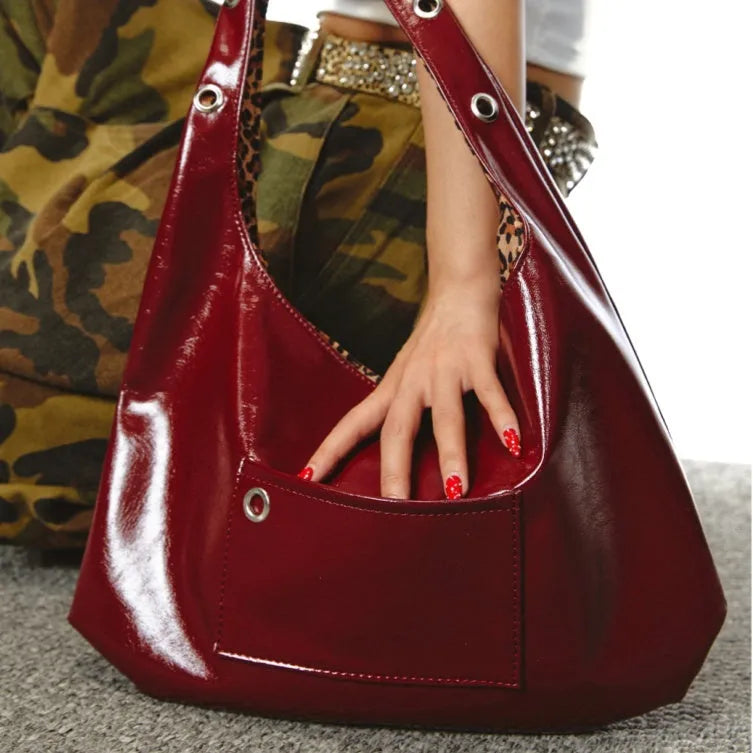 Red leopard print women's shoulder bag with dumpling shape and two-side compartments