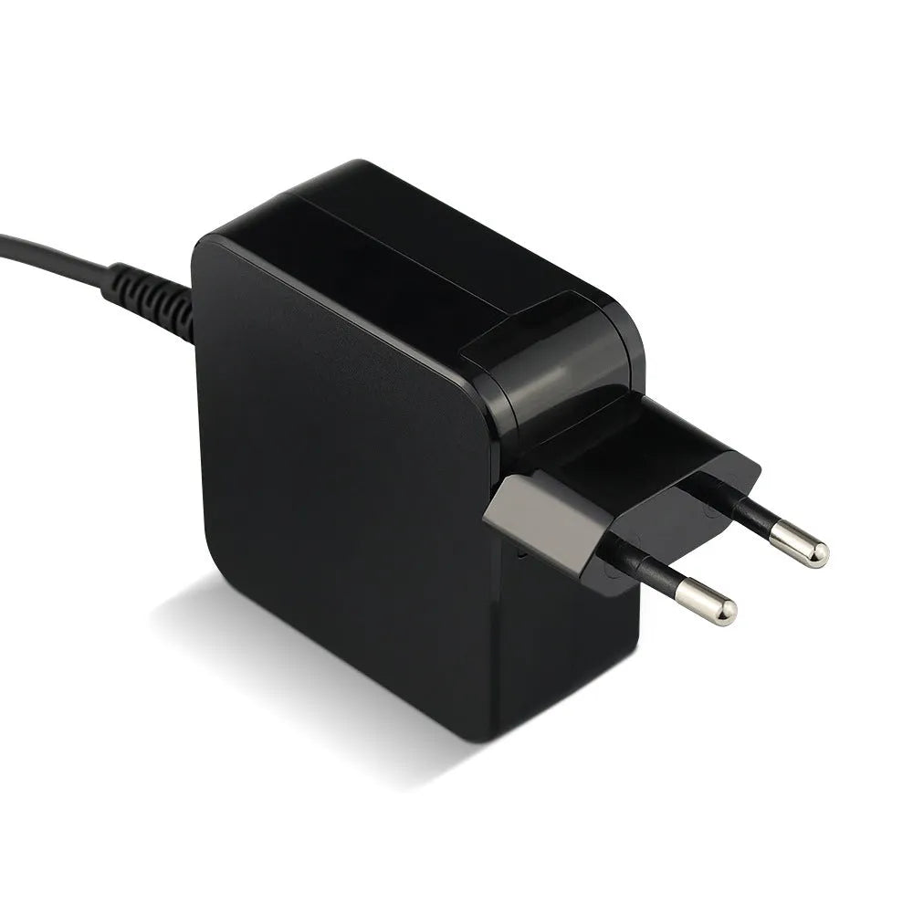 Black 45W laptop power adapter with US DC connector measuring 99.3mm by 36.5mm by 61.8mm