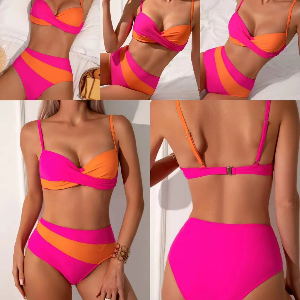 Orange women's steel bracket underwire split bikini with polyester spandex lining