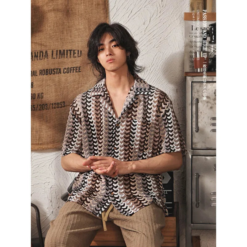 Grey plus size men's short sleeve shirt with Japanese Cuban collar and jacquard pattern
