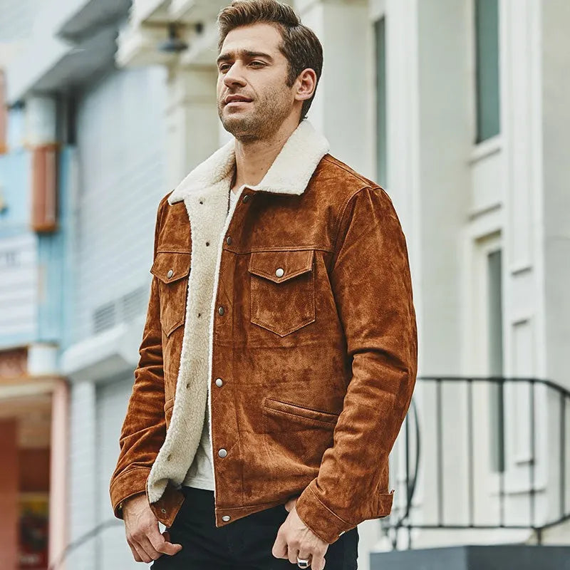 Men's brown genuine pigskin leather cotton padded jacket with lapel collar
