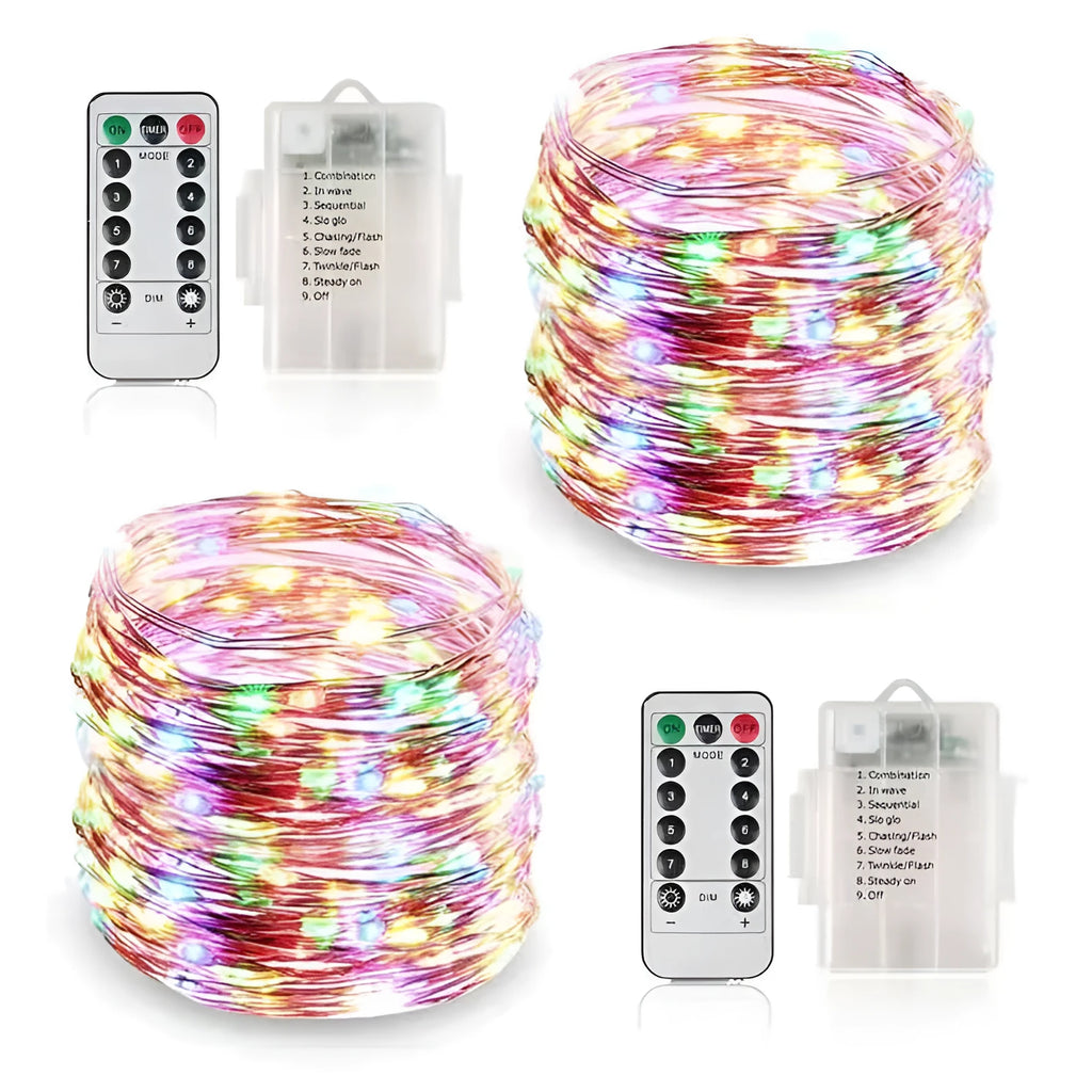 12-metre copper wire LED string light with battery box and 120 bulbs in various colour options