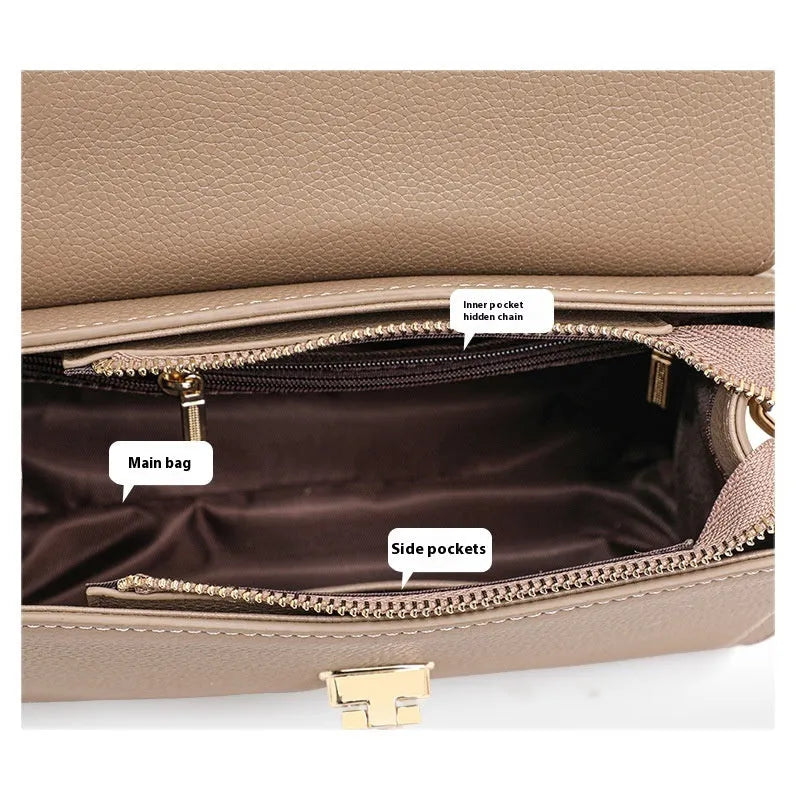 Elephant grey vintage leather handbag with litchi pattern and lock design