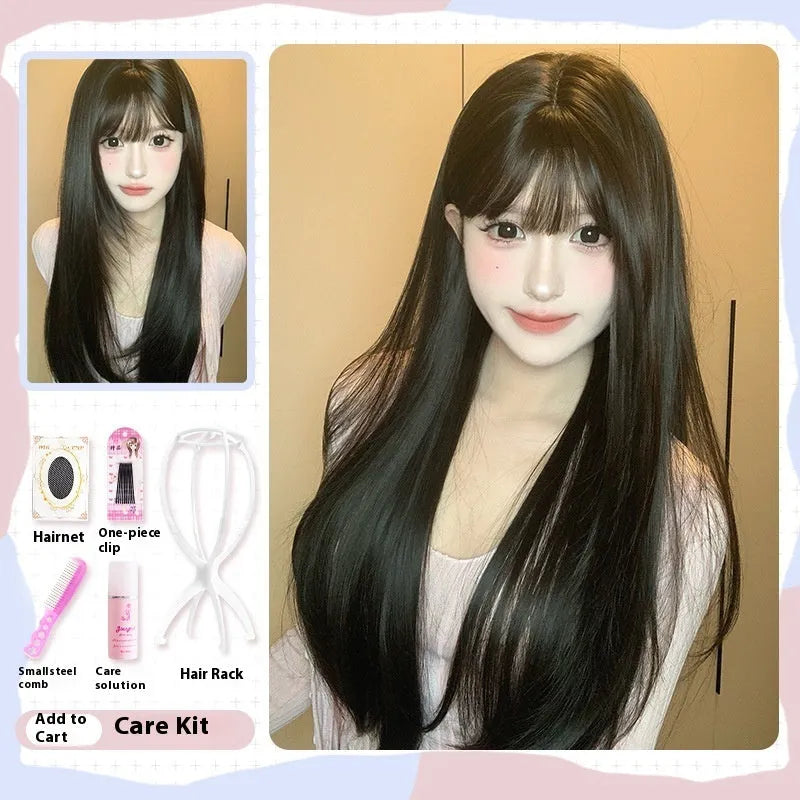 Dark brown synthetic long straight wig with bangs on wig head