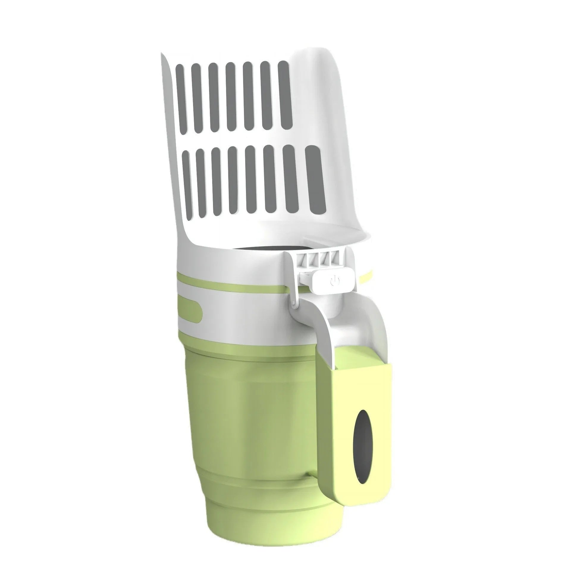 Grey, blue, and green cat litter scoop with attached waste compartment and foldable bottom.