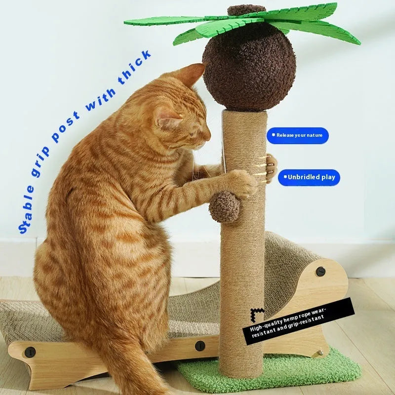 Wooden beach chair style cat bed with integrated scratch board and hemp mat surface