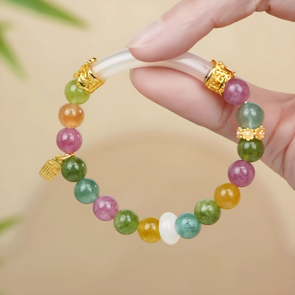 Rainbow coloured tourmaline half bracelet for women with electroplated finish