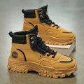 Men's black and yellow mid-calf Martin boots with a stout heel on a white background.