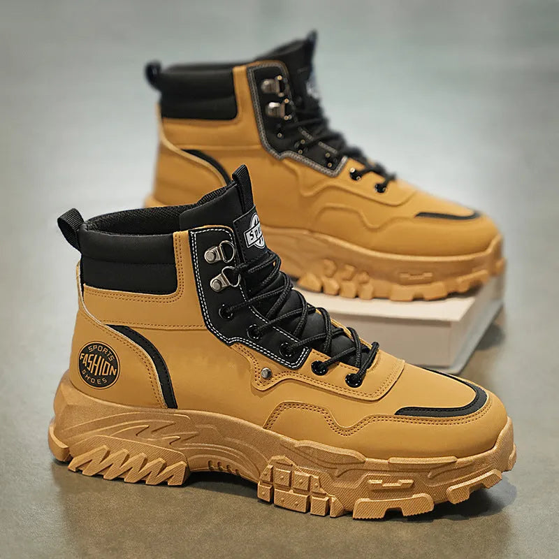 Men's black and yellow mid-calf Martin boots with a stout heel on a white background.