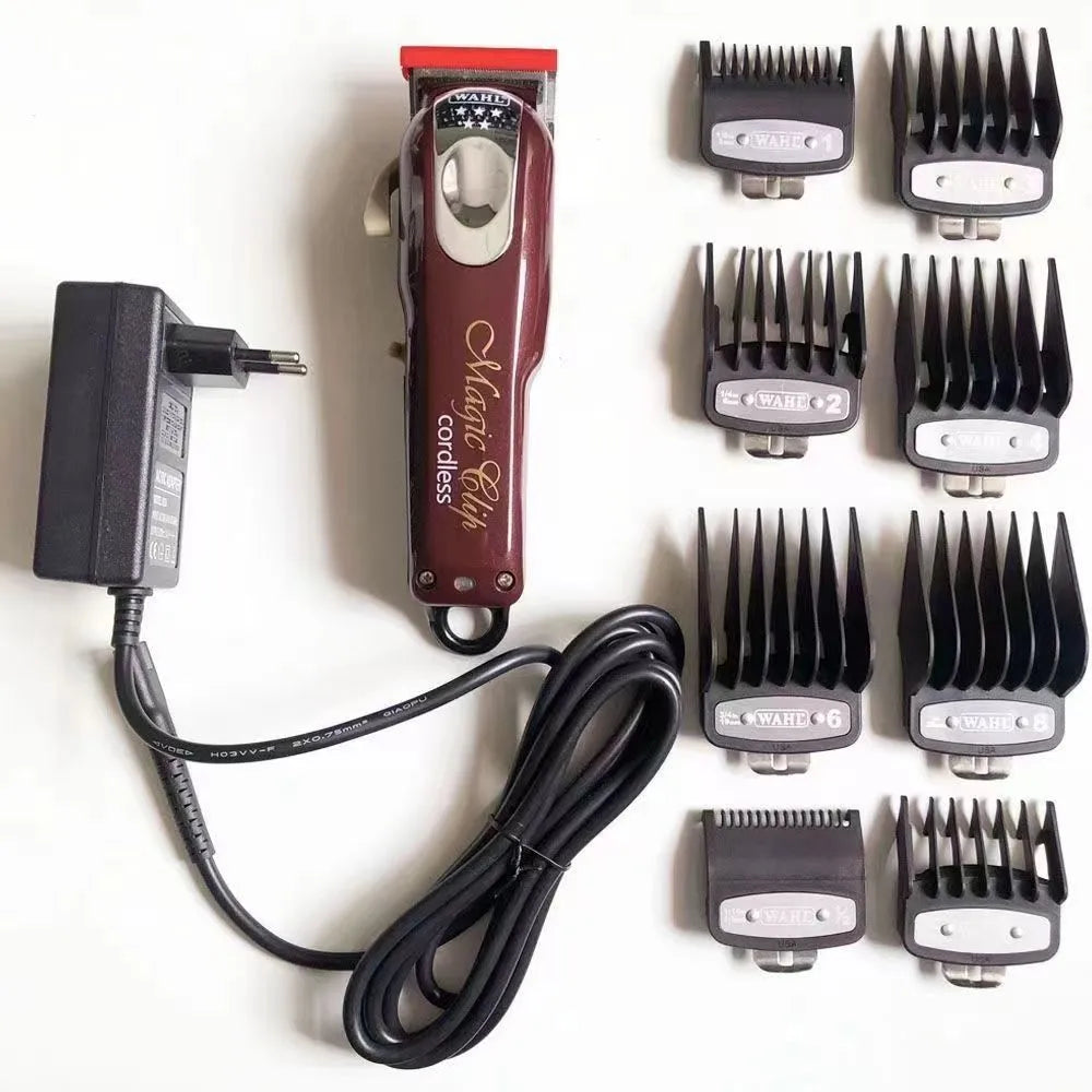 Cordless hair clipper set with stainless steel head and EU, UK, US plug adapters for home haircuts
