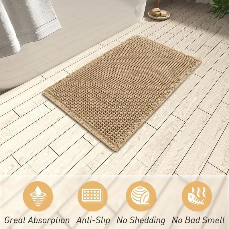 Checkered pattern non-slip absorbent bathroom carpet on a tiled floor.