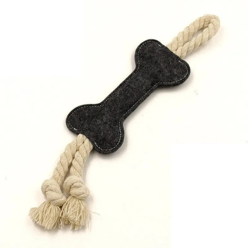 Bone-shaped dog chew toy with a rope knot interior and a soft felt exterior, shown in blue colour.
