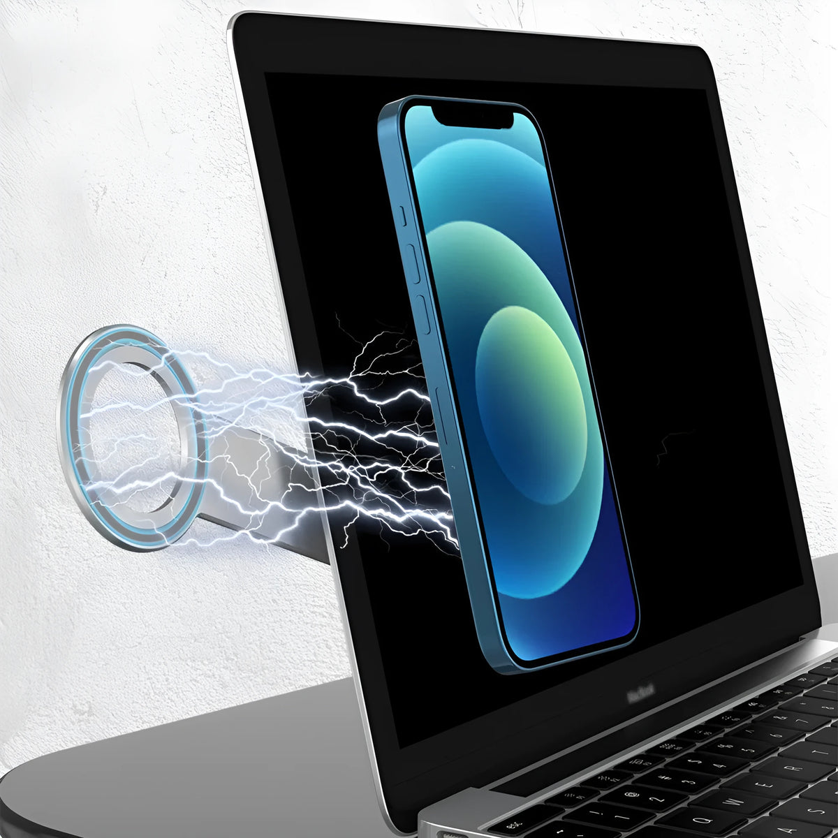 Aluminium alloy magnetic phone holder in metallic silver for desktop use, compatible with Apple 12 and above