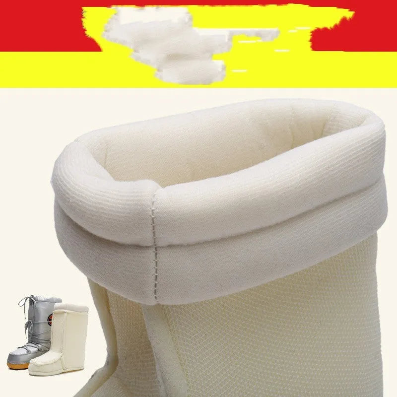 Women's white furry moon boots, fleece-lined mid-calf winter space boots, flat 2cm heel, PE sole, cross strap.