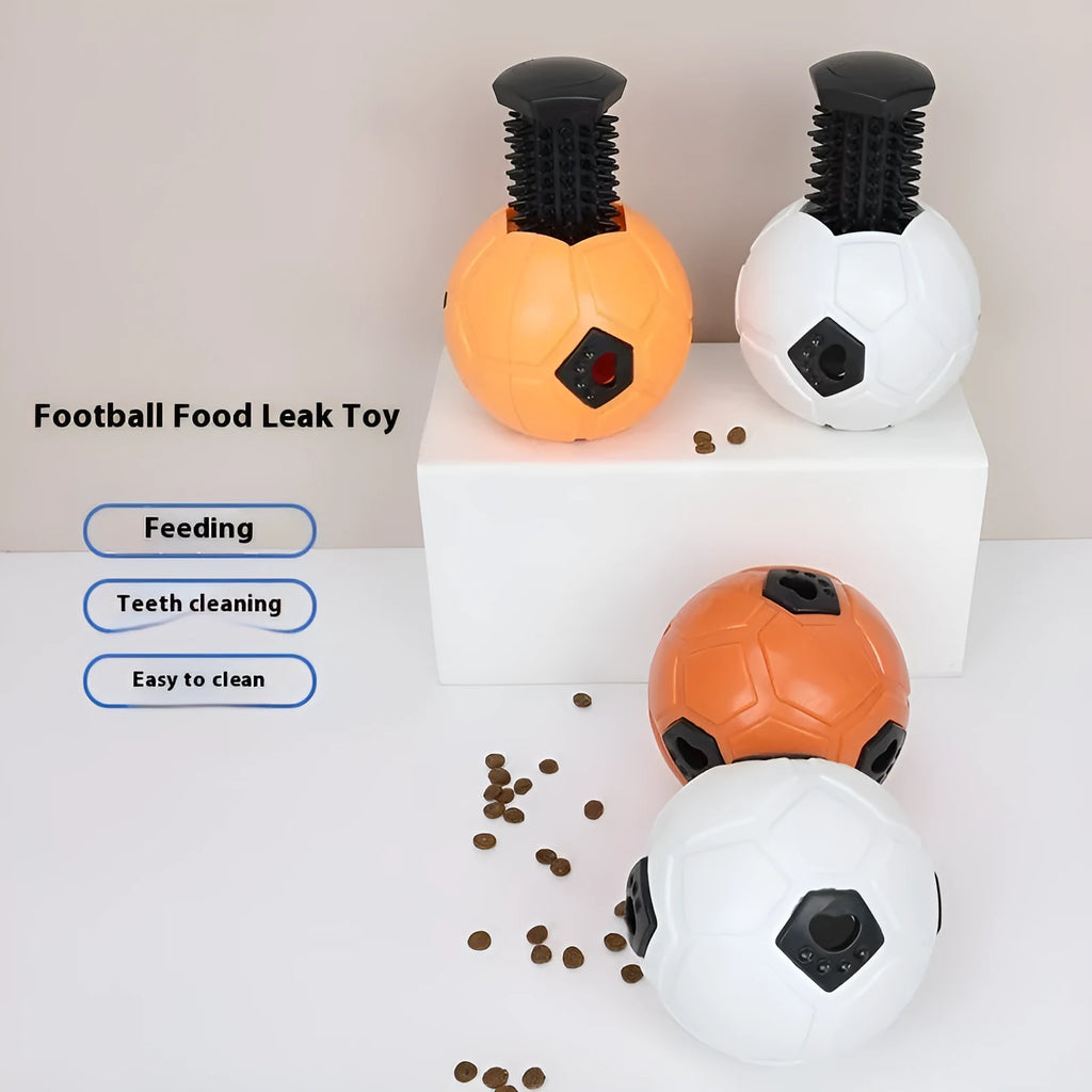 Orange and white TPR dog toy balls showing hollow style and tooth cleaning stick designs