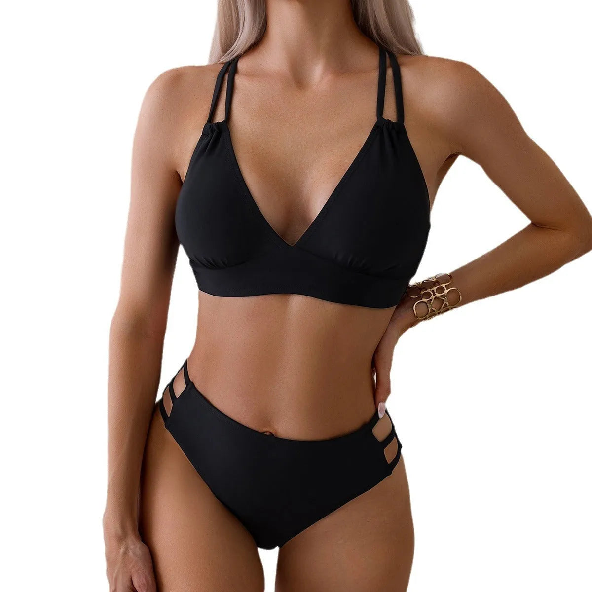 V-neck halter bikini split swimsuit in nylon with sleeveless design and asian sizing options for adult females